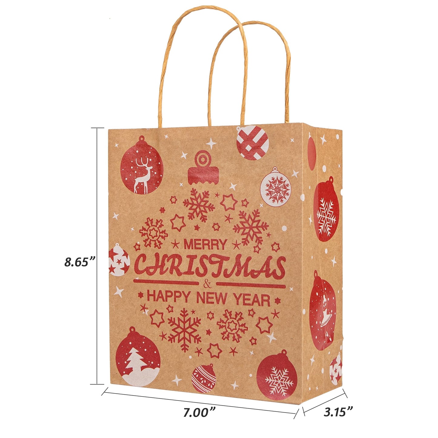 24 Christmas Kraft Gift Bags 7x 8.6 x 3 with 24 Tissue Papers for Xmas Exchange, Party Favors Paper Goodie Bags, Assorted Christmas Bags, Treat Bags