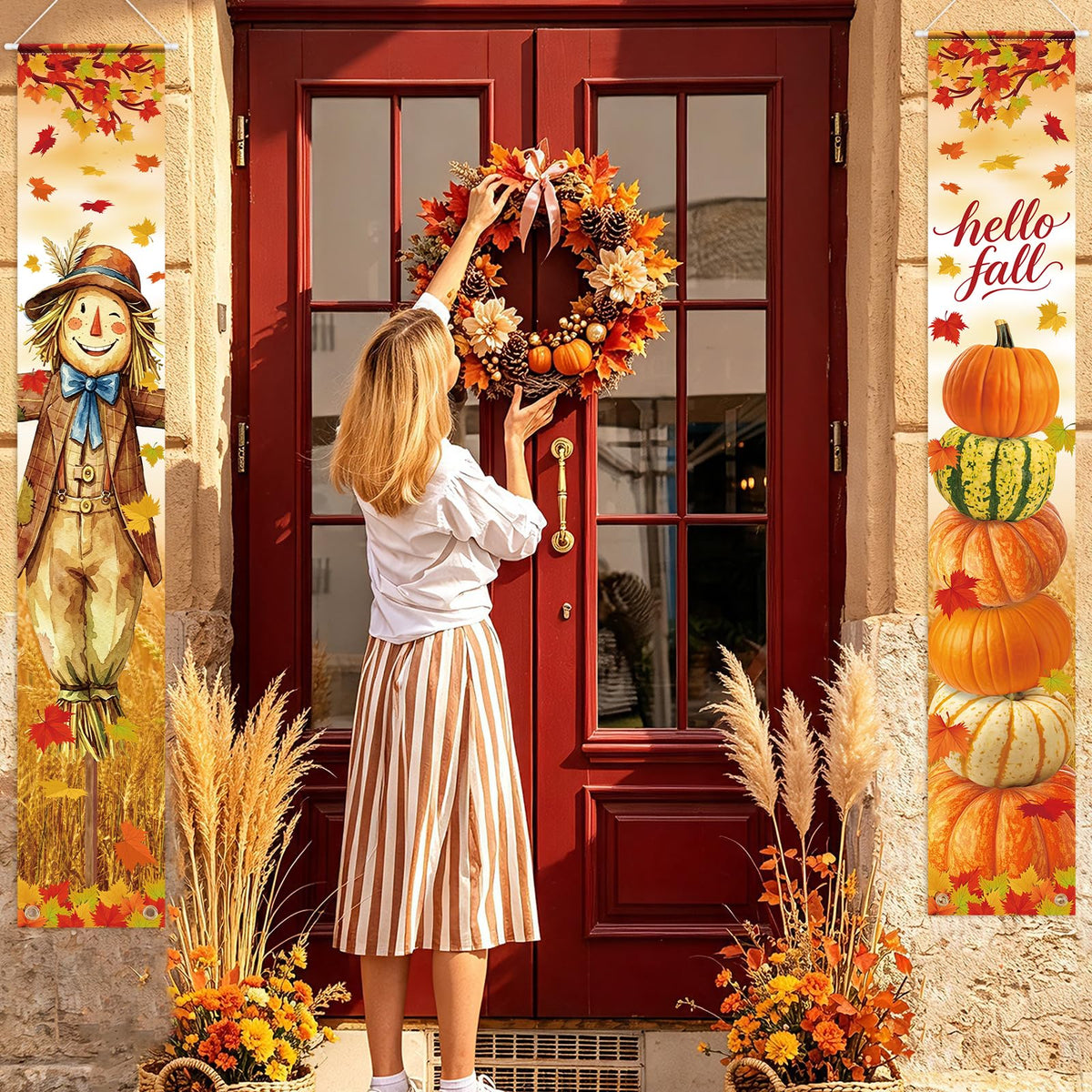 Hello Fall Porch Decor Autumn Harvest Porch Door Banner Hanging Sign