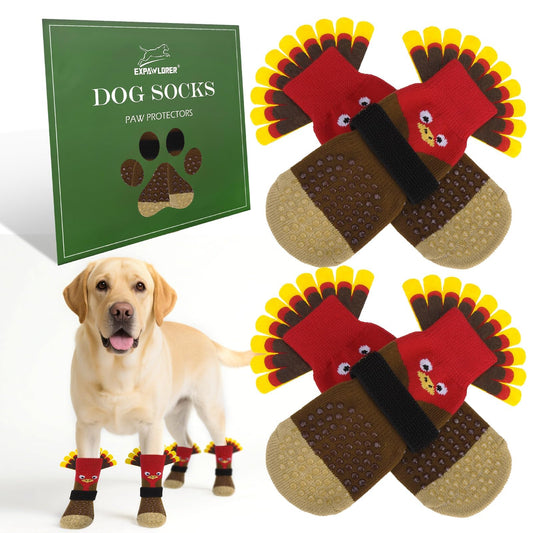 Thanksgiving Anti Slip Dog Socks to Prevent Licking Paws,Boots & Paw Protectors with Grippers,Doggie Booties for Hardwood Floors for Small Medium Large Senior Dogs Lifelike Costume Turkey L