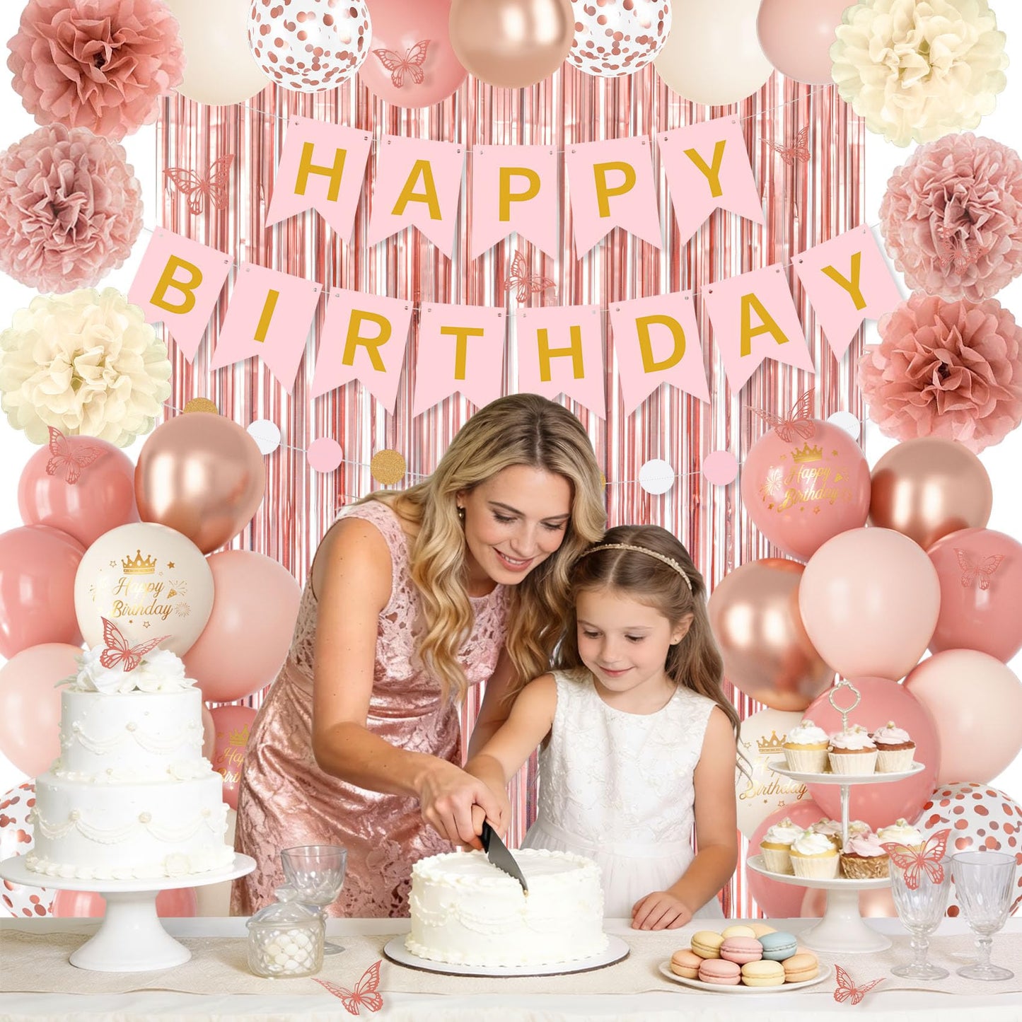 Pink Decorations for Women Girls, Dusty Pink Sand Rose Gold Metallic Printed Balloons Butterfly Stickers Fringe Curtain Happy Birthday Banner Circle Dots Garland Paper Pompoms Valentines Supplies