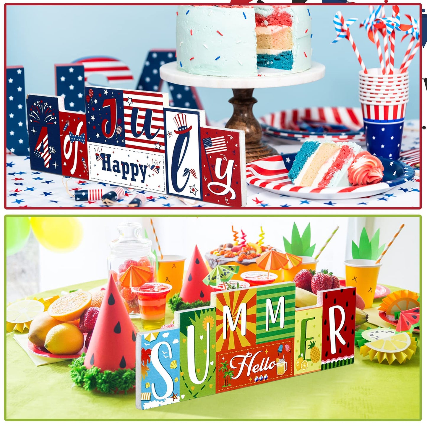 Summer Wooden Table Sign Double Sided Hello Summer and Happy 4th of July Tabletop Sign Hawaii Wood Block Memorial Day patriotic Tiered Tray Decor for Office Home indoor Shelf Centerpiece