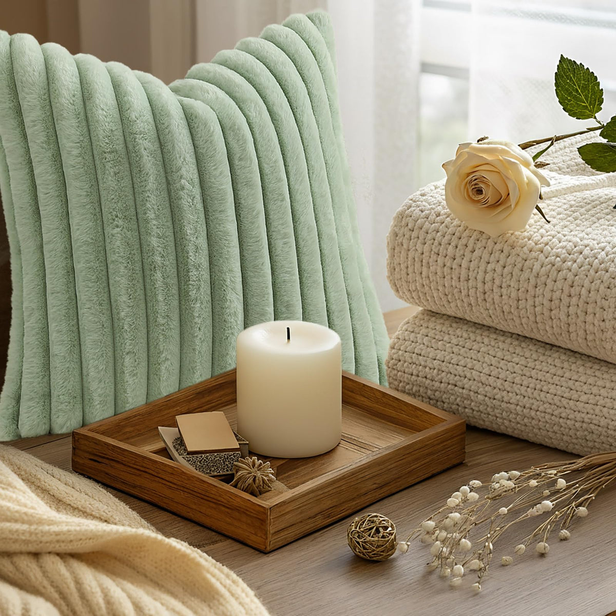decorUhome Fall Cozy Faux Fur Throw Pillow Covers 18x18 Set of 2 Decorative Soft Plush Striped Modern Farmhouse Boho Couch Pillow Cases with Velvet Back for Sofa Bed Living Room, Sage Green