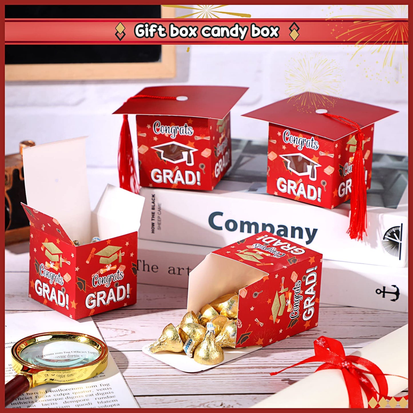 Pajean 30 Pcs Graduation Cap Candy Gift Box Grad Hat Gift Box Treat Boxes with Tassels Graduation Party Favors for Guests Class of 2026 Decorations(Red)