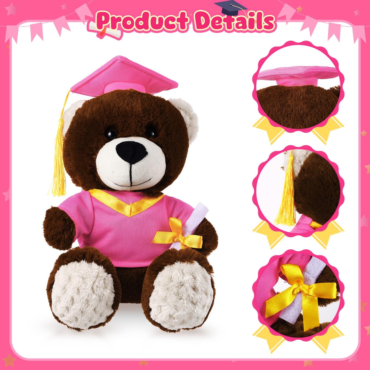 ZJoey Bear with Graduation Cap Toys Class of 2026 Plush Stuffed Teddy Bear Animal Dog Cap and Gown with Greeting Card and Bag for Graduation Day Gift(Pink)