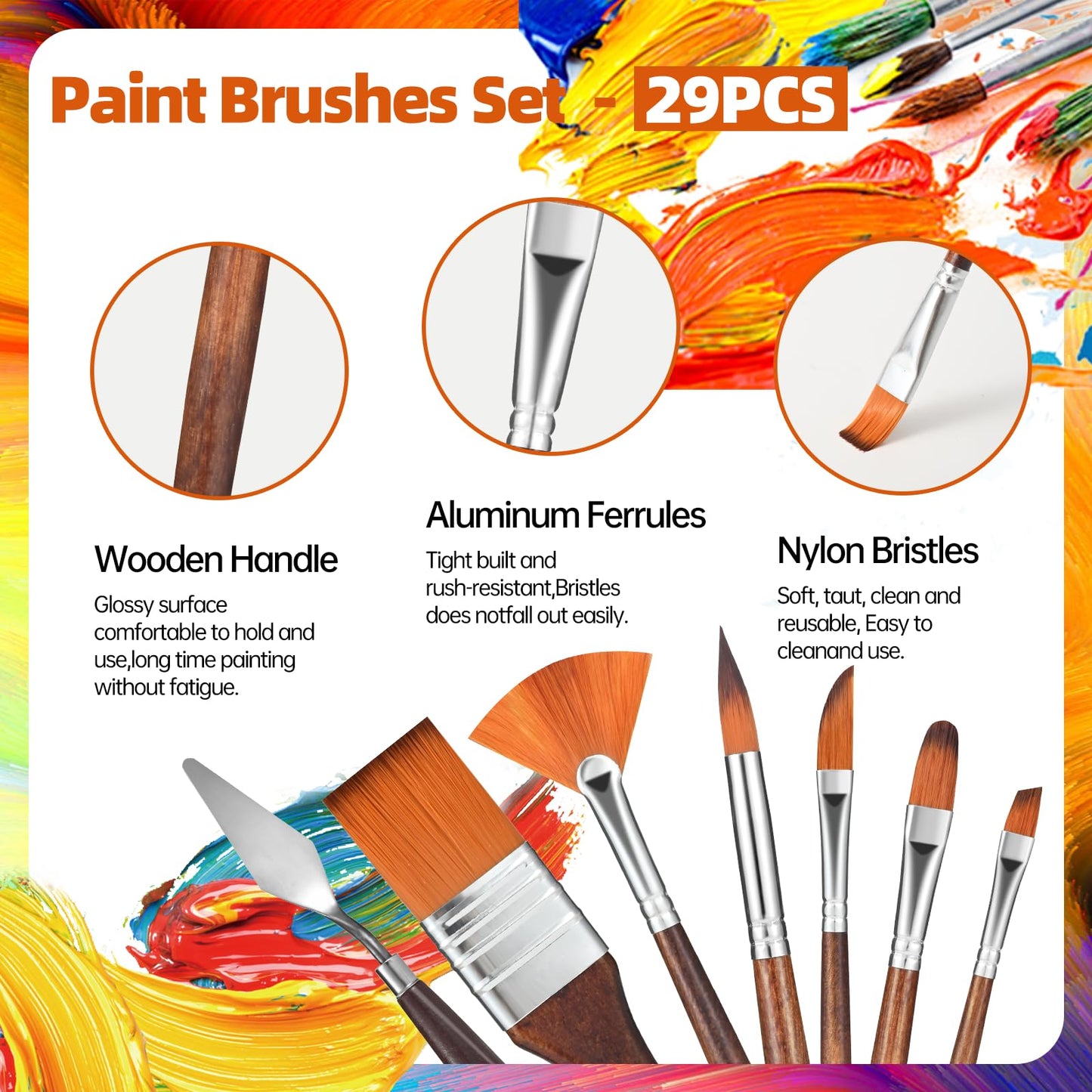 29 pcs Paint Brush Set,GETHPEN Acrylic Paint Brushes,Artist Series with Wide Flat,Round, Filbert, Flat, Fan,Angle,Dagger,Cat Tongue,Detail Brush,Rigger for Oil,