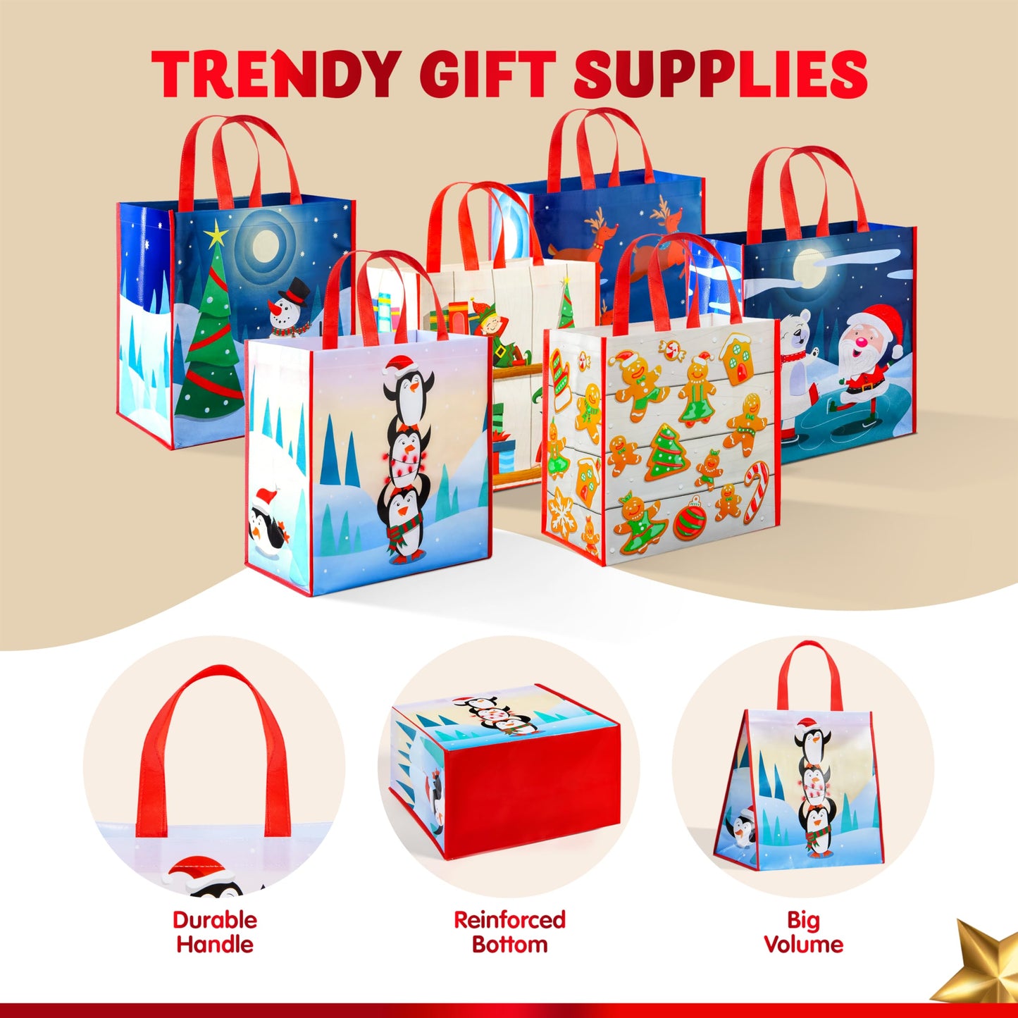 12 PCS Christmas Large Gift Bags with Handles 13.75" x 14", Non-Woven Tote Bag for Wrapping Xmas Party Favors, Reusable Grocery Bags, Party Supplies