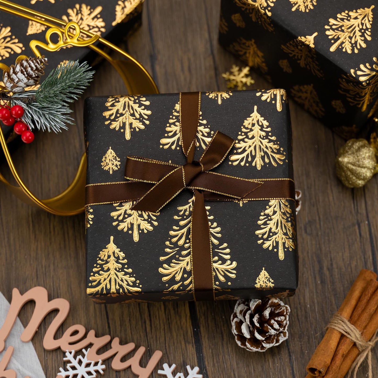 Black Kraf Christmas Wrapping Paper,Gold 3D Embossed Foil Christmas Pine Tree with Woodlands Wrap Paper for Holiday, Party,Celebration, New Year (17 Inch X 32.8 Feet)