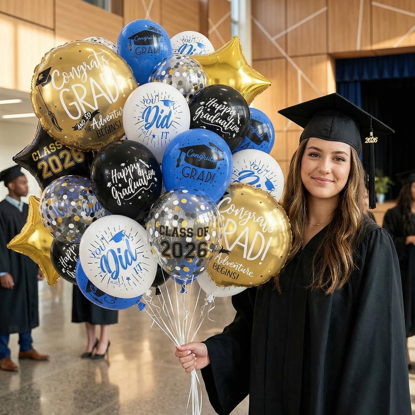 HILAVO Blue and Black Graduation Balloons 2026 Graduation Decoration 18 In Grad Foil Balloon Royal Navy Blue Black White Print Balloon for Class of 2026 Congrats Grad Party Decor College High School