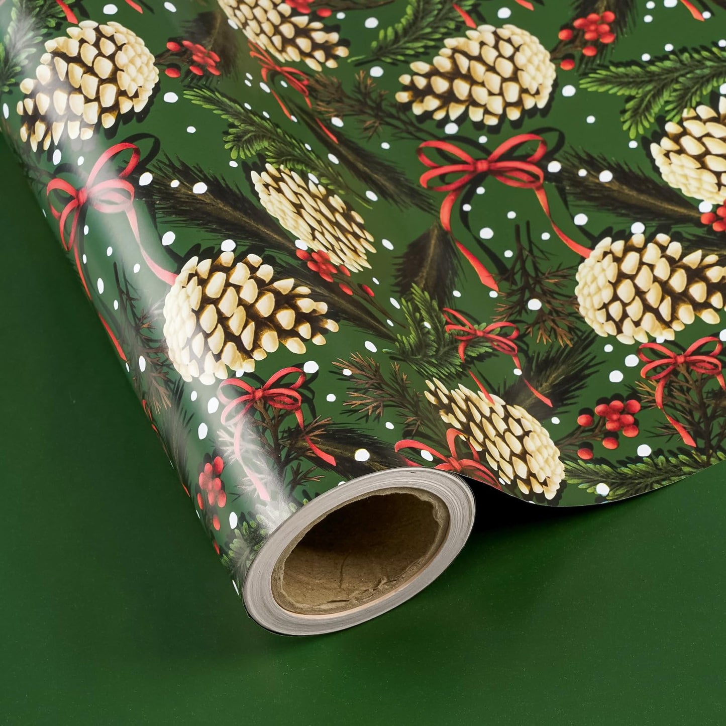 Reversible Green Christmas Wrapping Paper - Mini Roll - 17 Inch x 33 Feet - Pinecones with Red Bow Wrapping Paper and Solid Green for Xmas Holiday, Party Celebration