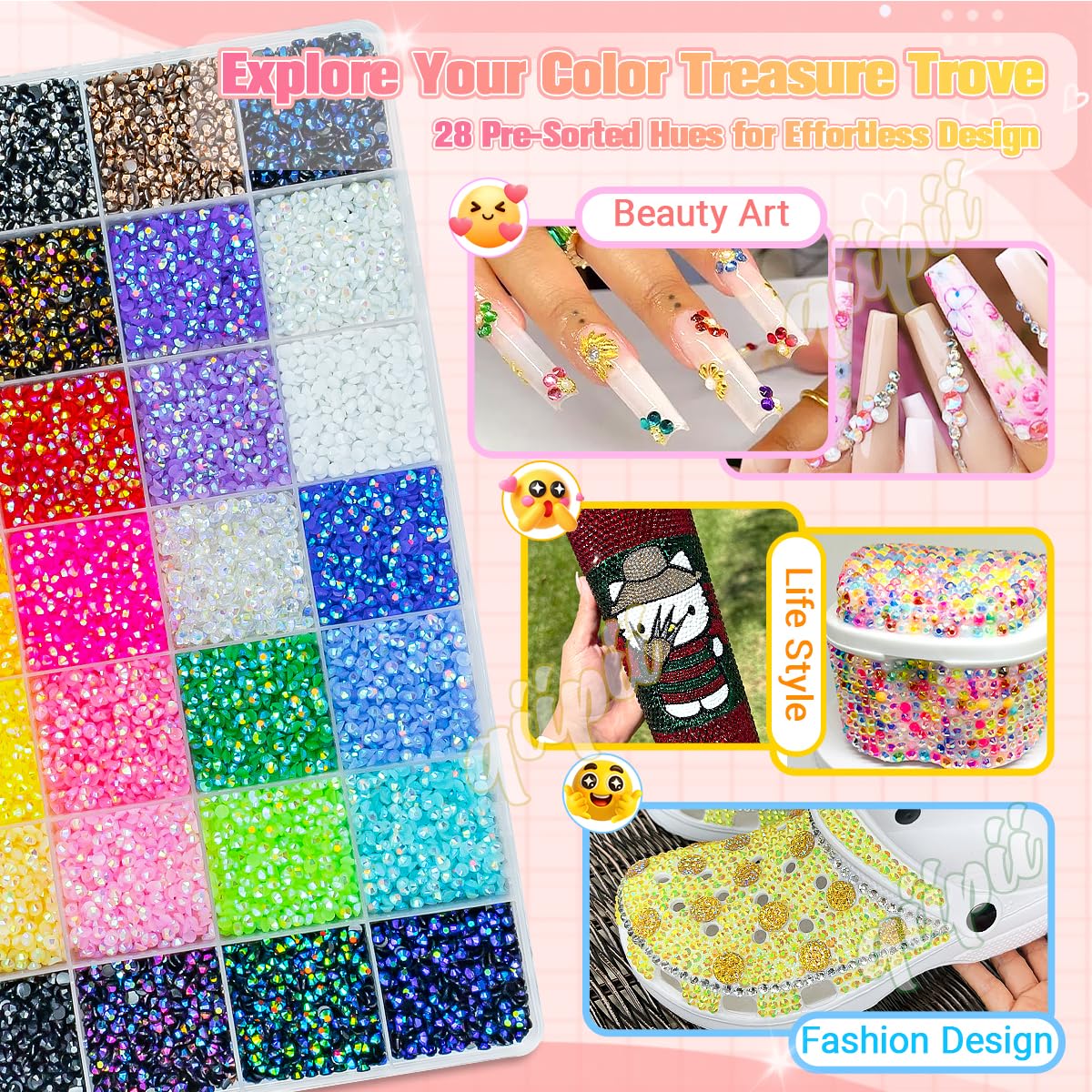 qiipii 28 Color 3mm Jelly Resin Rhinestones w B7000 Glue for Bedazzling Crafting Flatback Stones Colorful AB Gems Diamonds Bedaazler Kit Charms for Nails Eyes Face Makeup Tumblers Bottles DIY Crafts