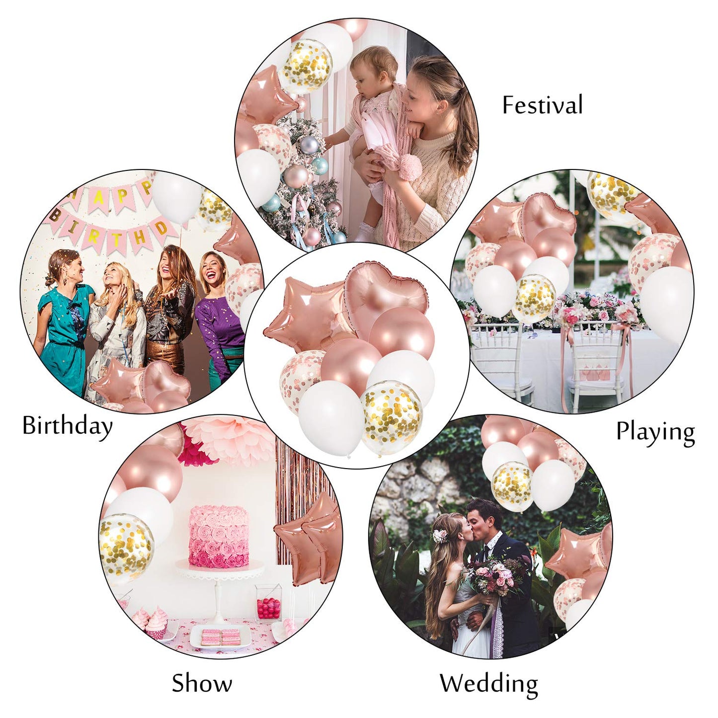 Amandir Rose Gold Birthday Party Decorations Kit, Confetti Foil Rose Gold Balloons Happy Birthday Banner Tassels Metallic Fringe Curtains Valentines day 30th 40th 50th 60th Party Supplies for Women