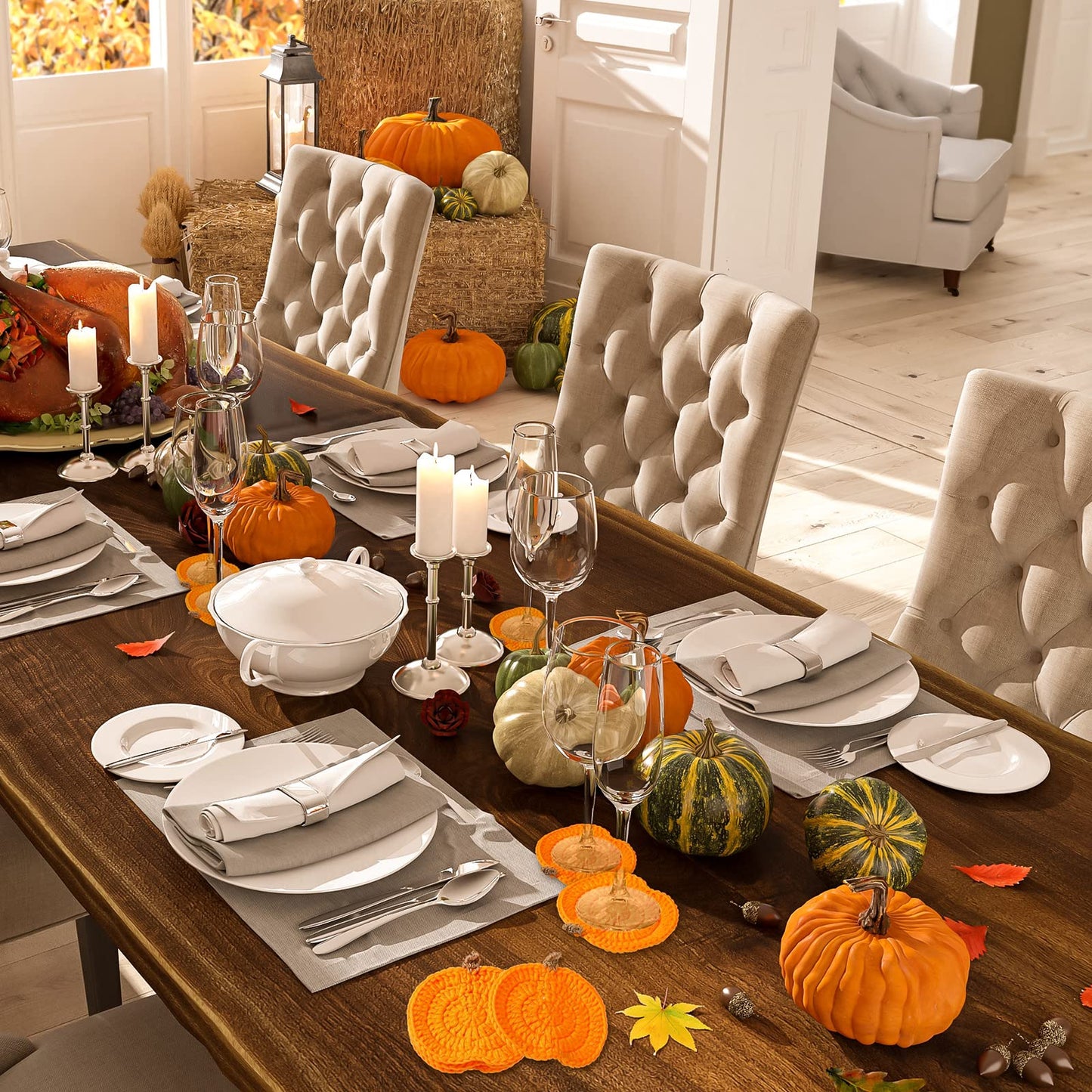 Crochet Pumpkins Coaster Handmade Knitted Drink Coaster Set Autumn Drink Cup Pad Mats Absorbent Bottle Mug Place Mats for Table Protection Fall Halloween Thanksgiving Themed Party Decoration (4 Pcs)