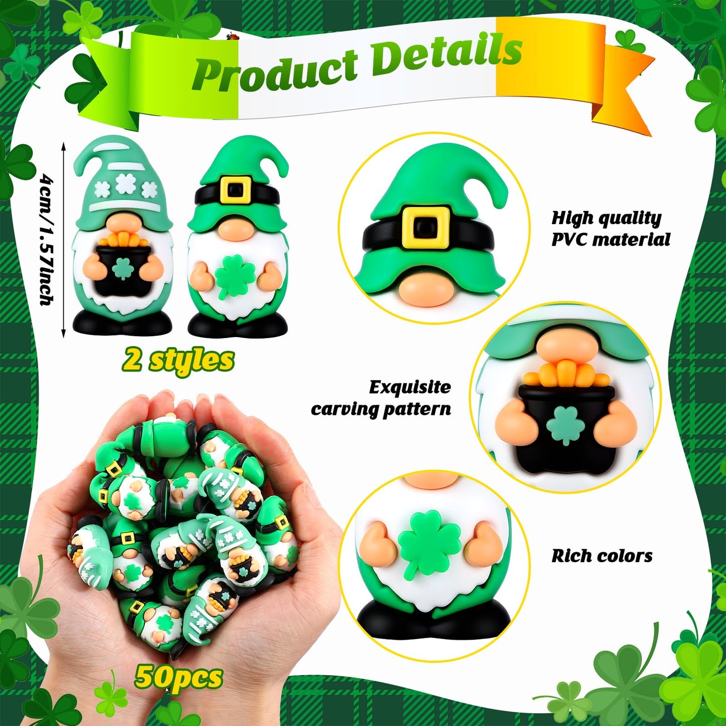 50 Pcs Mini St Patrick's Day Gnomes Bulks 1.57 Inch PVC Gnomes Figurine Gifts St Patrick's Day Collectible Figurines for Home Tabletop Farmhouse Shelf Decorations