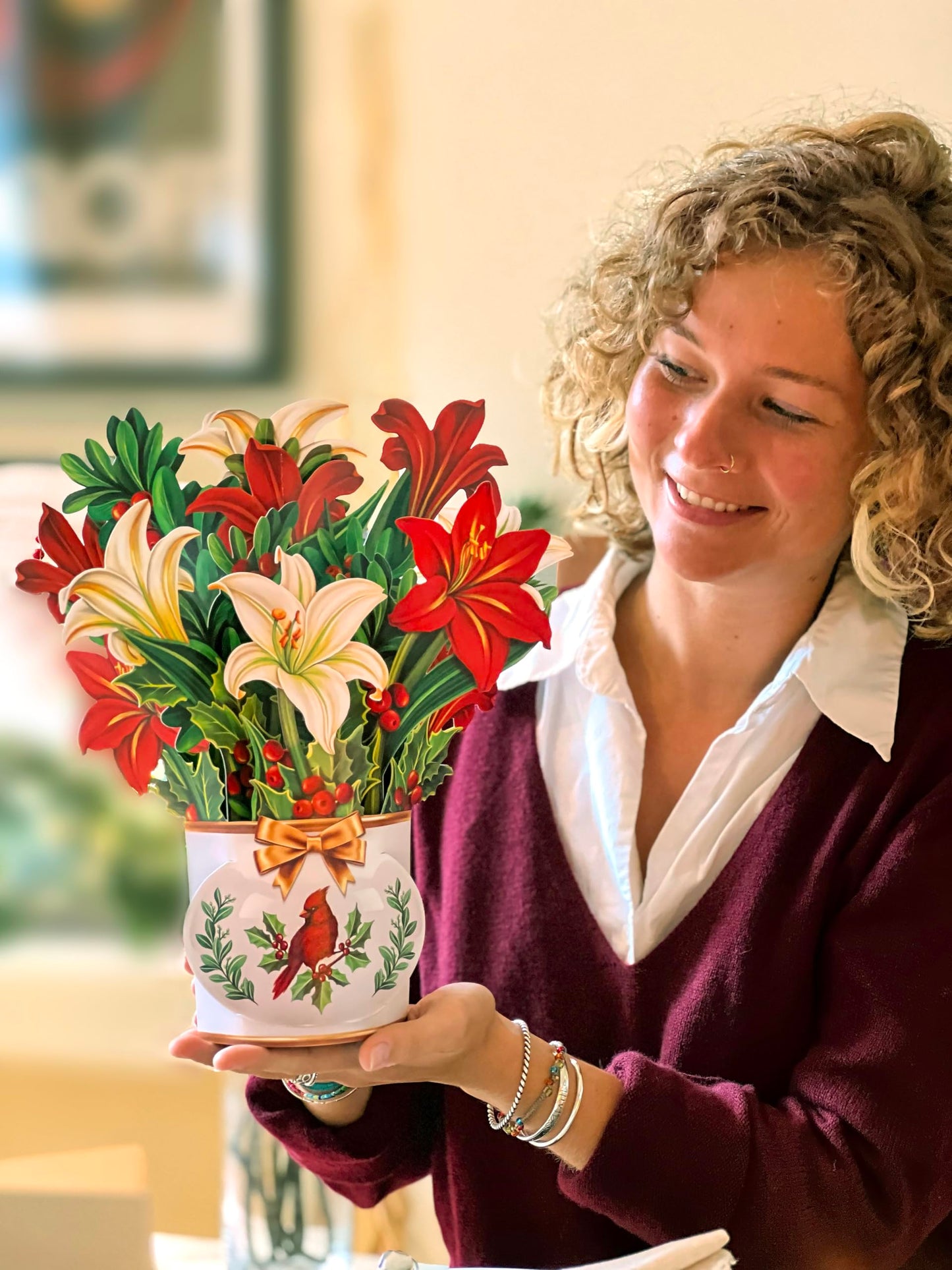 Freshcut Paper Pop Up Cards, Paper Flower Bouquet 3D Popup Greeting Cards with Note Card & Envelope, Birthday Card, Anniversary Card, Get Well Gifts for Women, 12" Winter Joy