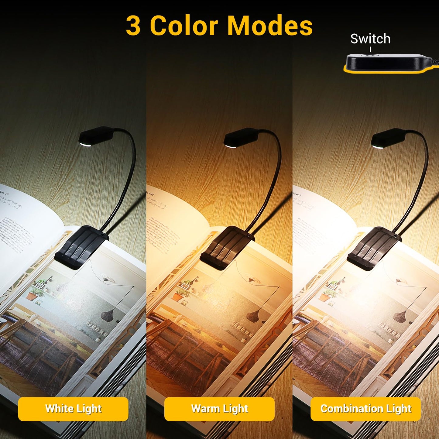 Book Light 2 Pack, Rechargeable Reading Lights for Books in Bed-Eye Caring 3 Colors, Stepless Dimming, 360° Flexible Studying Small Desk Lamp, Lightweight Clip-on LED Night Light for Book Lovers, Kids