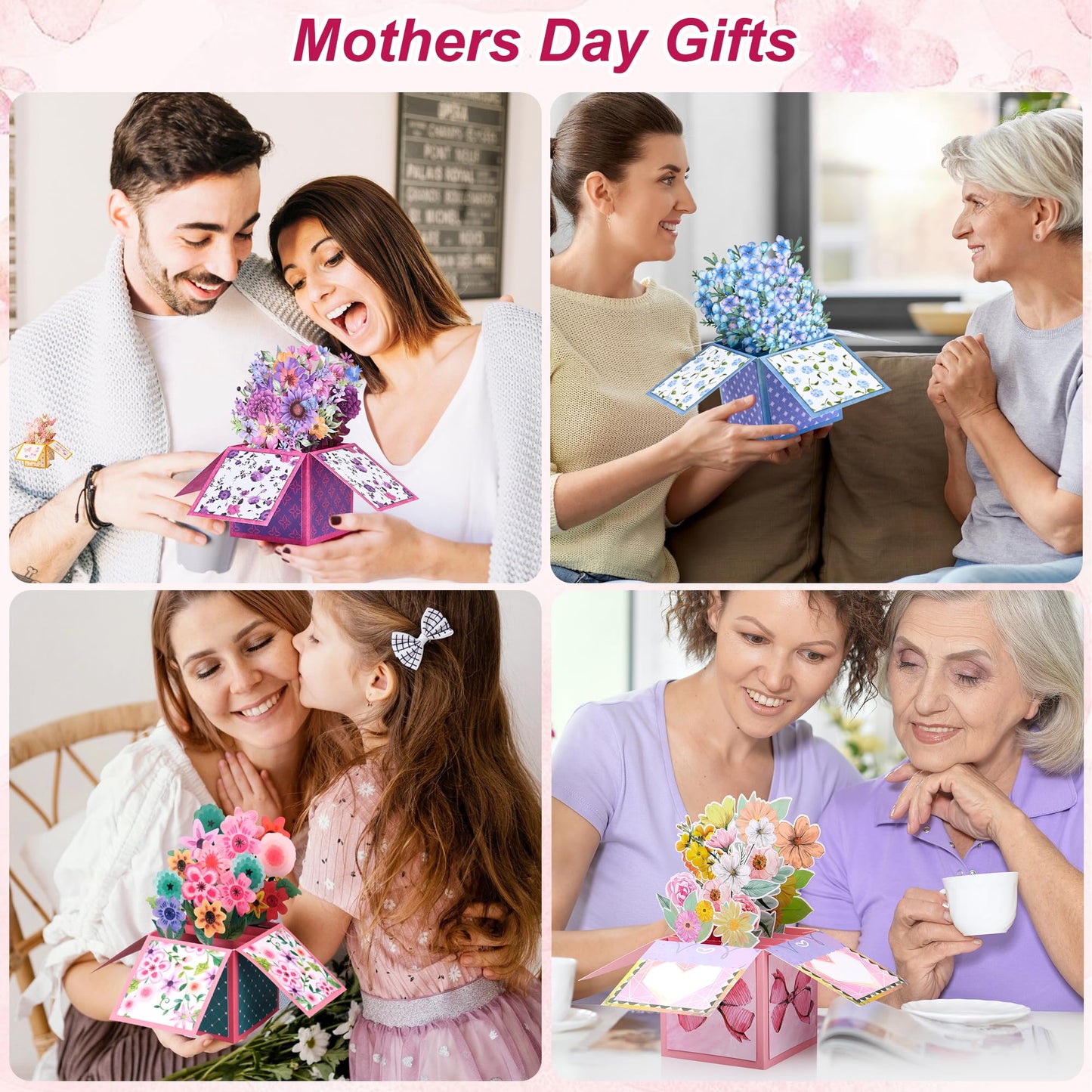 Giiffu 4 Pack Pop Up Flower Bouquet Cards, 3D Flower Pop Up Card with Envelope & Note, Mothers Day Pop Up Cards for Mom, Birthday Cards for Women, Paper Flower Bouquet, Get Well & Thank You Cards