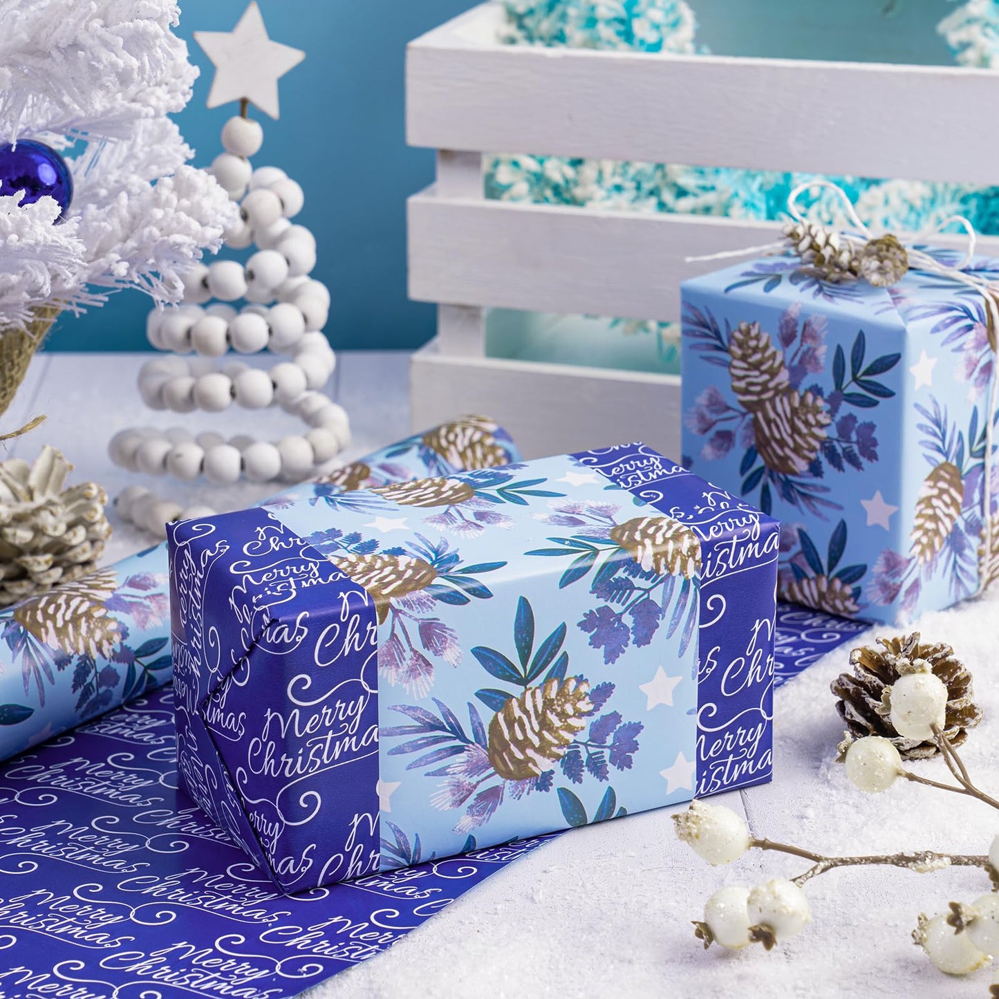 Reversible Christmas Wrapping Paper - Mini Roll - 17 Inch x 33 Feet - Pinecone and Merry Christmas Blue Wrapping Paper for Xmas Holiday, Party Celebration