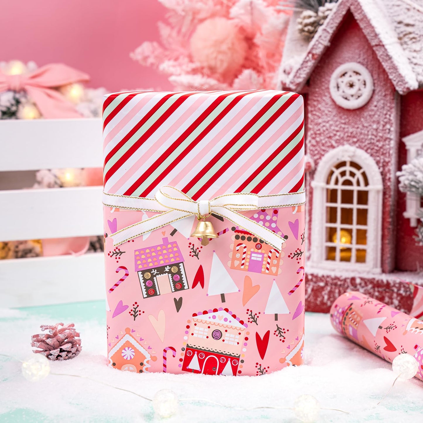 Reversible Christmas Wrapping Paper - Mini Roll - 17 Inch x 33 Feet - House with Christmas Tree and Candy Cane Wrapping Paper for Holiday, Party Celebration