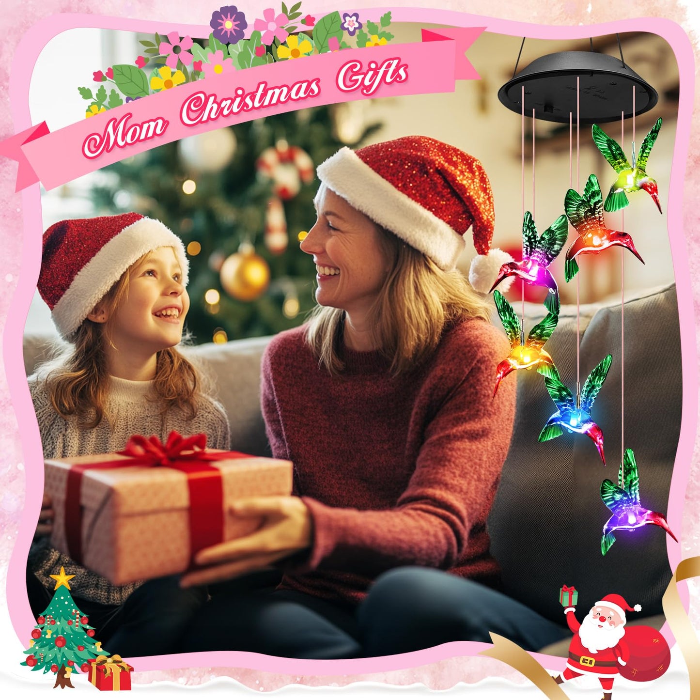 Winzwon Birthday Gifts for Women Mom Grandma, Solar Hummingbird Wind Chimes for Outside Solar Lights Outdoor Decor Hanging Mobile Garden Yard Patio