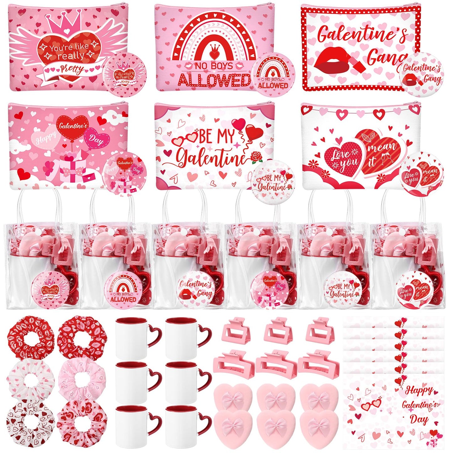 48 Pcs Galentine's Day Gifts Set Include Hairpin, Hair Scrunchies, Mug, Makeup Bags, Cards, Makeup Puff, Clear Gift Bag, Mirrors for Women Galentines Day Party Favors Bestie Valentine Friend