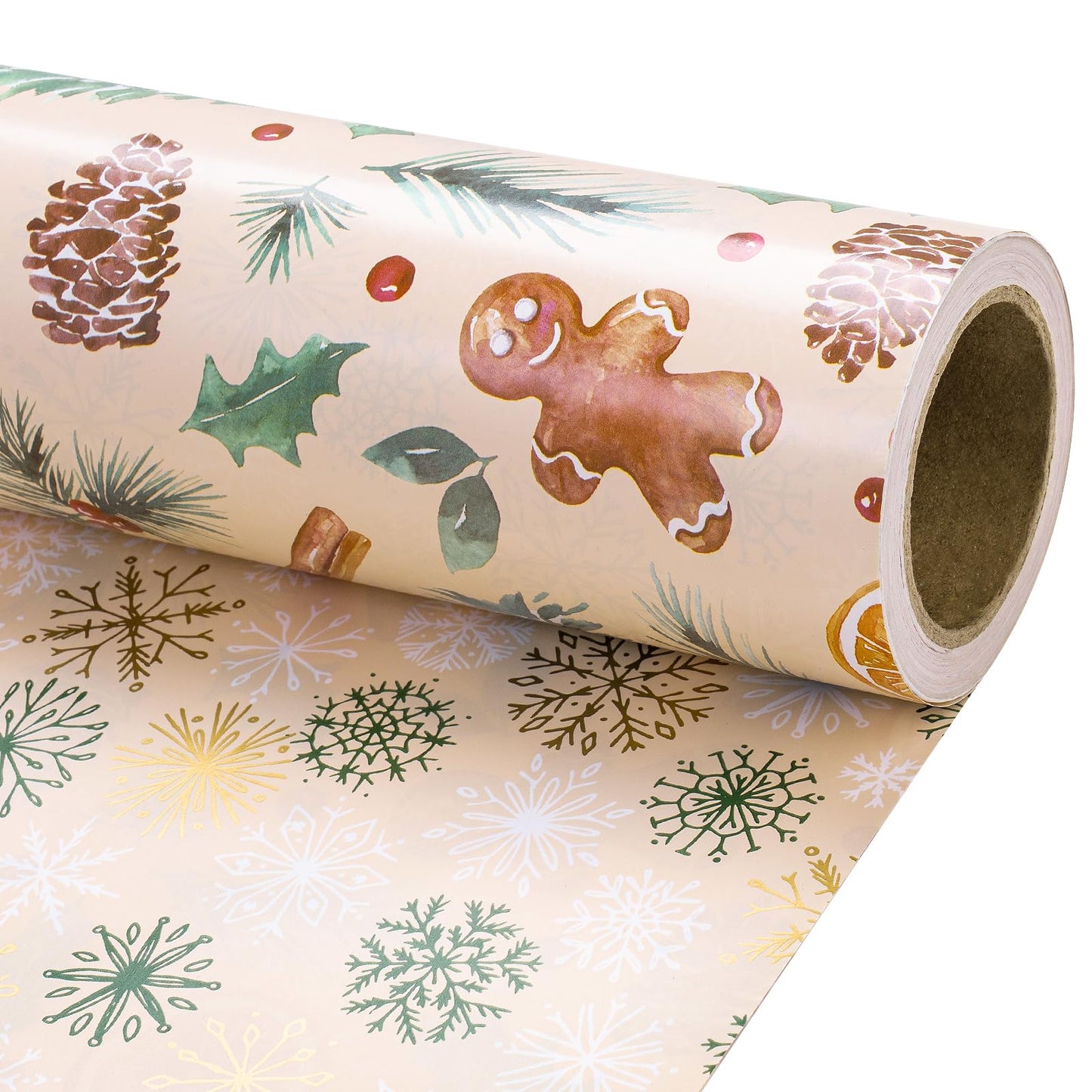 RUSPEPA Reversible Wrapping Paper Roll - Mini Roll - Christmas Gingerbread and Snowflake Pattern Great for Christmas, Party, Holiday - 17.5 Inches X 32.8 Feet