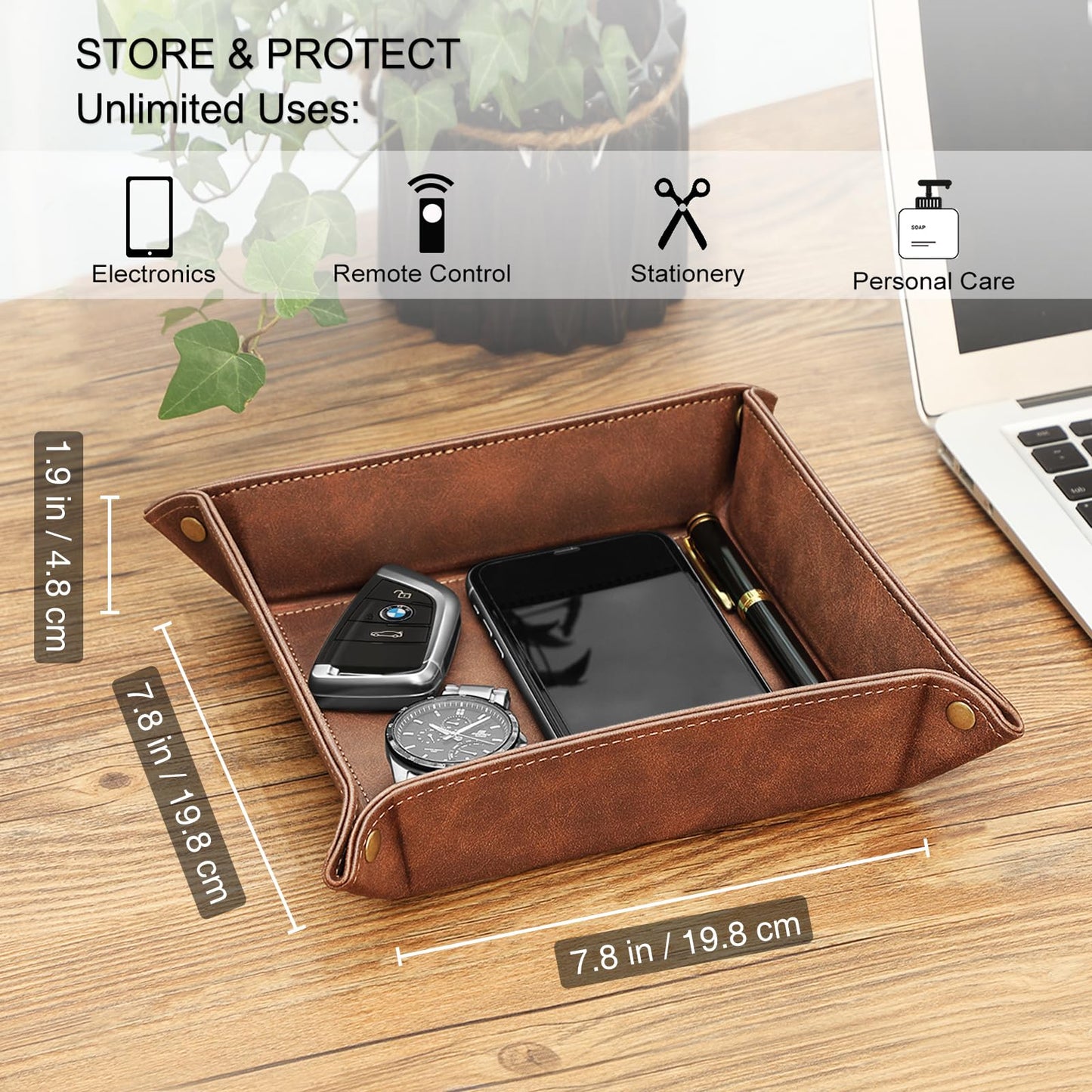 SITHON Valet Tray Desktop Storage Organizer – Premium PU Leather Catchall Bedside Vanity Tray Nightstand Caddy Holder for Remote Controller, Keys, Phone, Wallet, Coin, Jewelry, Brown