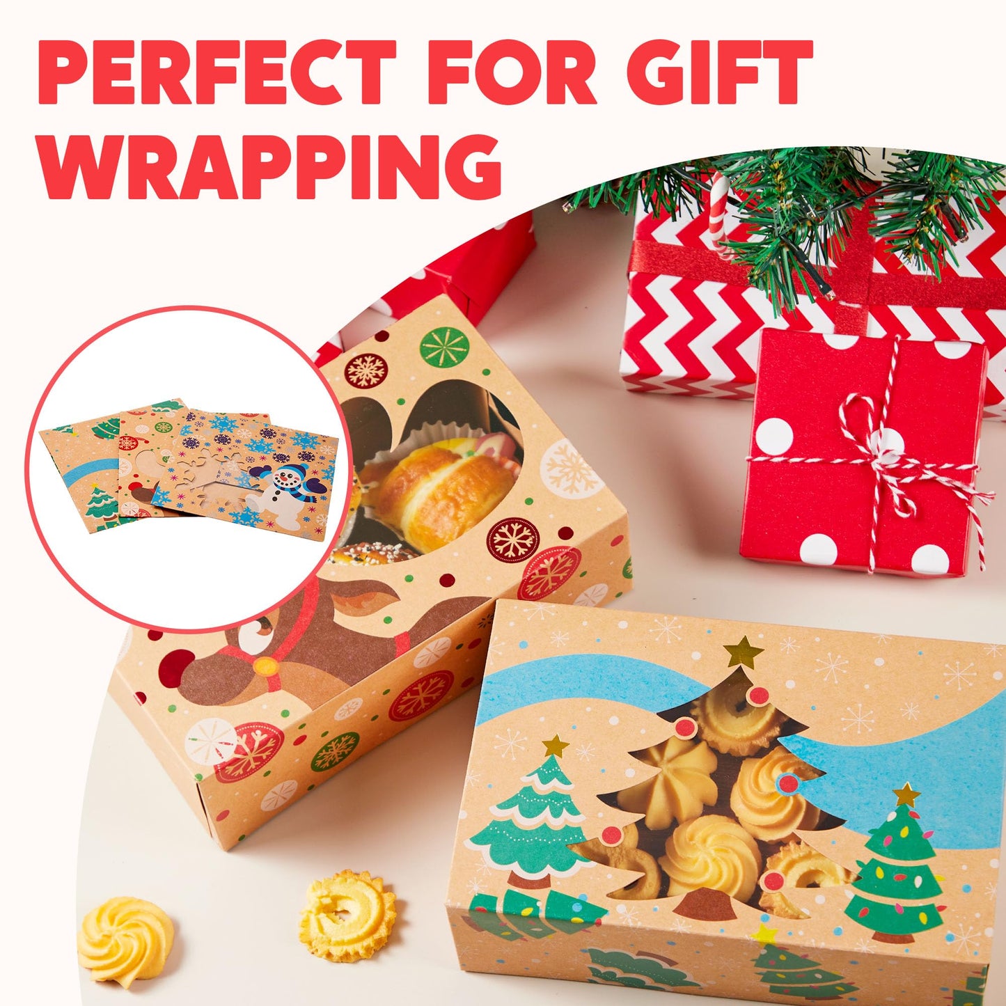 JOYIN 36PCS Christmas Cookie Boxes for Gift Giving, 8.5" x 5.75" x 2.75" Xmas Holiday Treat Cookie Tin with Window, 3 Designs Brown Foiled Kraft Bakery Boxes for Pastries, Cupcakes, Brownies, Doughnut