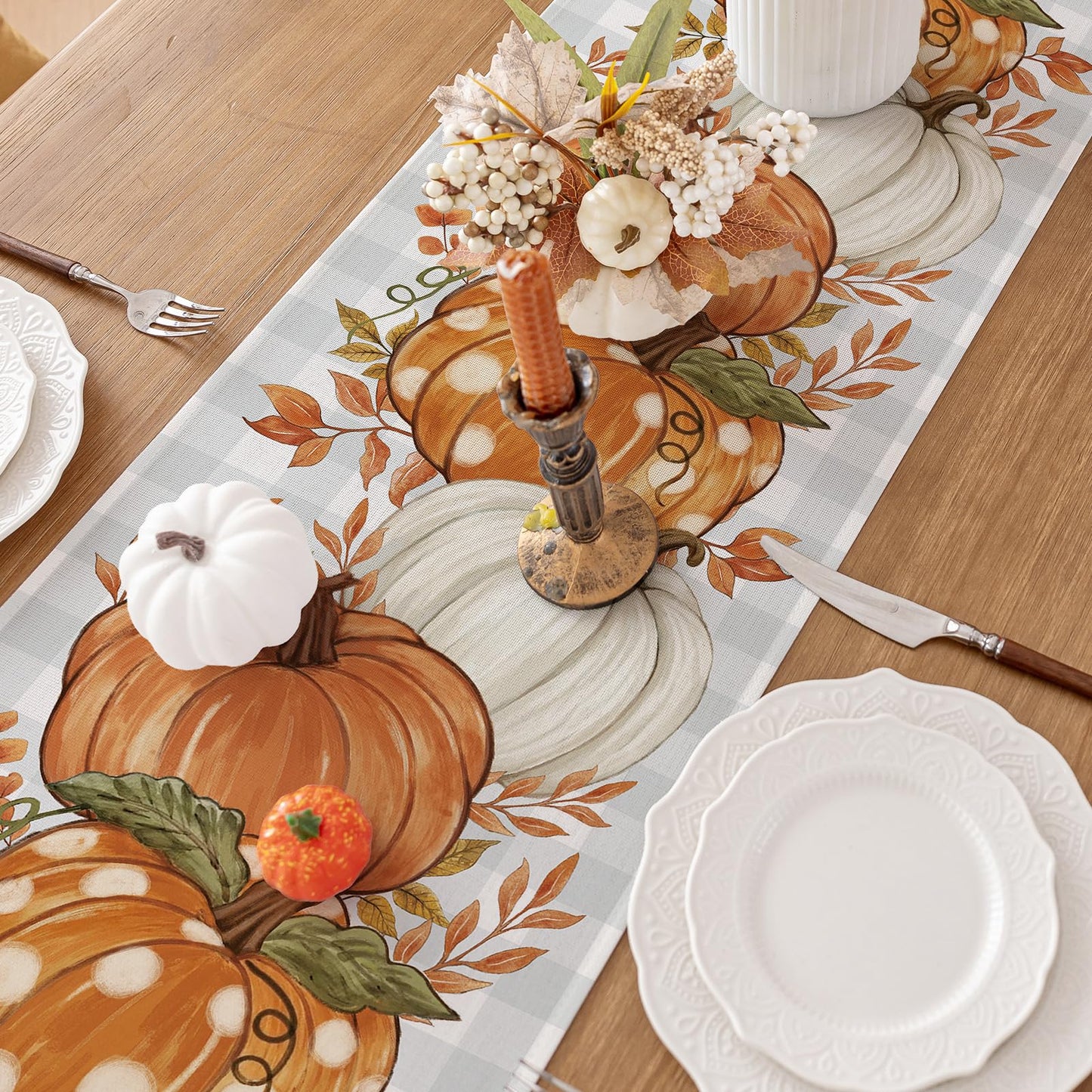 Pumpkin Leaves Fall Table Runner, Buffalo Plaid Autumn Thanksgiving Harvest Farmhouse Style Table Decoration for Dining, Party, Holiday - 13x72 Inch, Grey Blue
