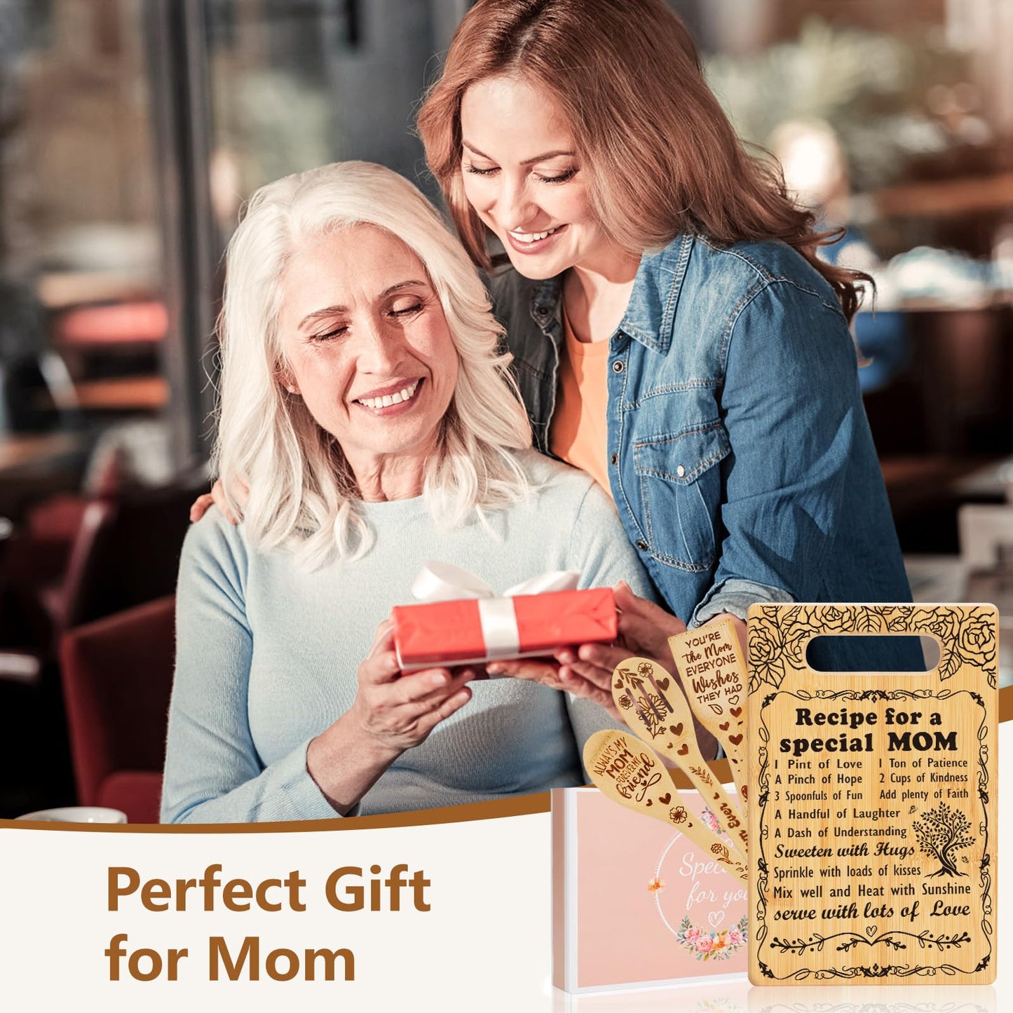 Mothers Day Gifts for Mom,Recipe for a Special Mom- Birthday Mom Gifts from Daughter Son Cutting Board Set, Engraved Utensil Best Mom Ever Gifts Ideas Mom Gifts for Mother New Mom Step Mom