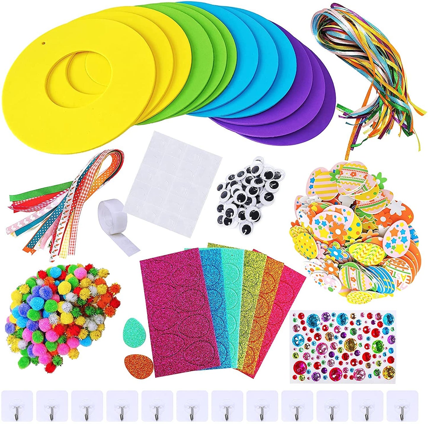 12 Sets Easter Wreath Signs Decorations DIY Foam Easter Craft Kits Easter Eggs Bunny Chick Foam Stickers Pom-Poms Googly Eyes for Kids Classroom Home Activity Art Project Gift Easter Front Door Décor
