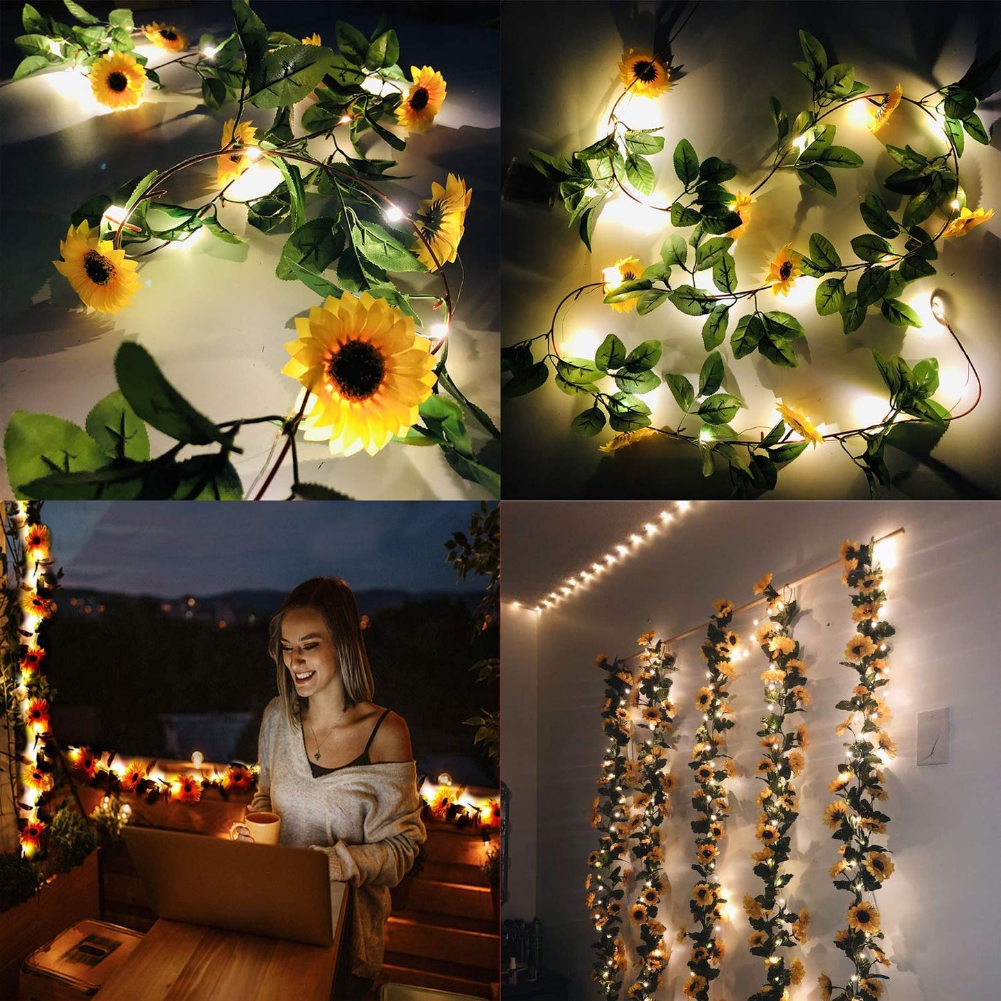 Artificial Sunflower Garland with Lights pre-lit Sunflower Decor 16.5FT Fake Vines Hanging Plants Flowers Garland Silk Yellow Flower Decor for Home Wedding Wall Bedroom Party Indoor Outdoor