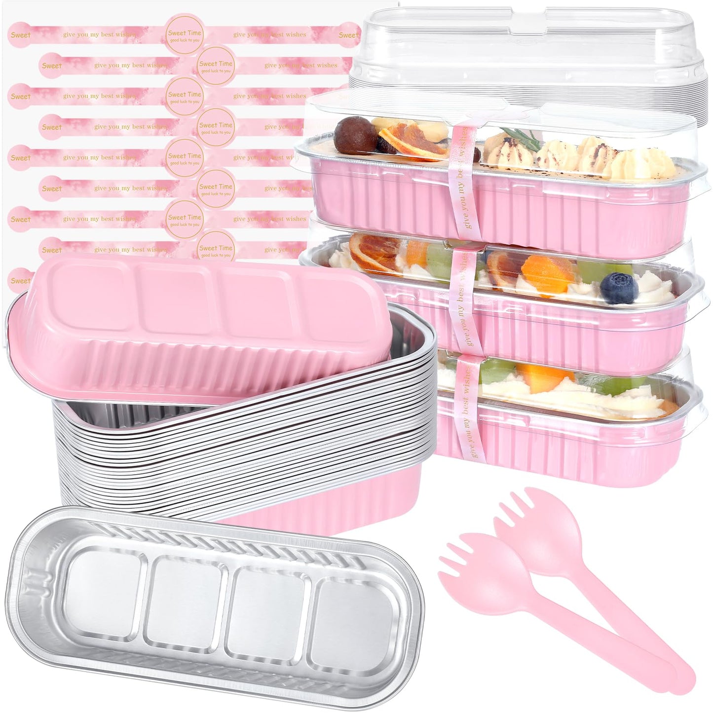 JuneHeart Mini Loaf Pans with Lids and Spoons, 30 Pack, Pink, 6.8oz, Rectangular Aluminum Foil Baking Pans