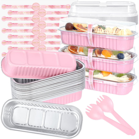 JuneHeart Mini Loaf Pans with Lids and Spoons, 30 Pack, Pink, 6.8oz, Rectangular Aluminum Foil Baking Pans