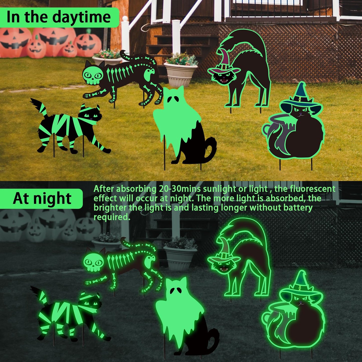 Halloween Yard Decorations Outdoor Signs - 5pcs Black Cat Halloween Decor Yard Signs with Stakes, Mummy Ghost Witch Skeleton Cat Glow in Dark for Halloween Party Supplies Garden Lawn Decorations