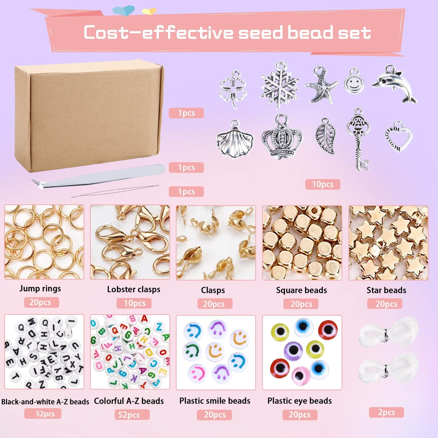 49000pcs 2mm Seed Beads 92 Colors Small Beads Kit Bracelet Beads with Pendant Charms Kit and Letter Beads for Bracelets Necklace Ring Making, DIY, Art and Craft