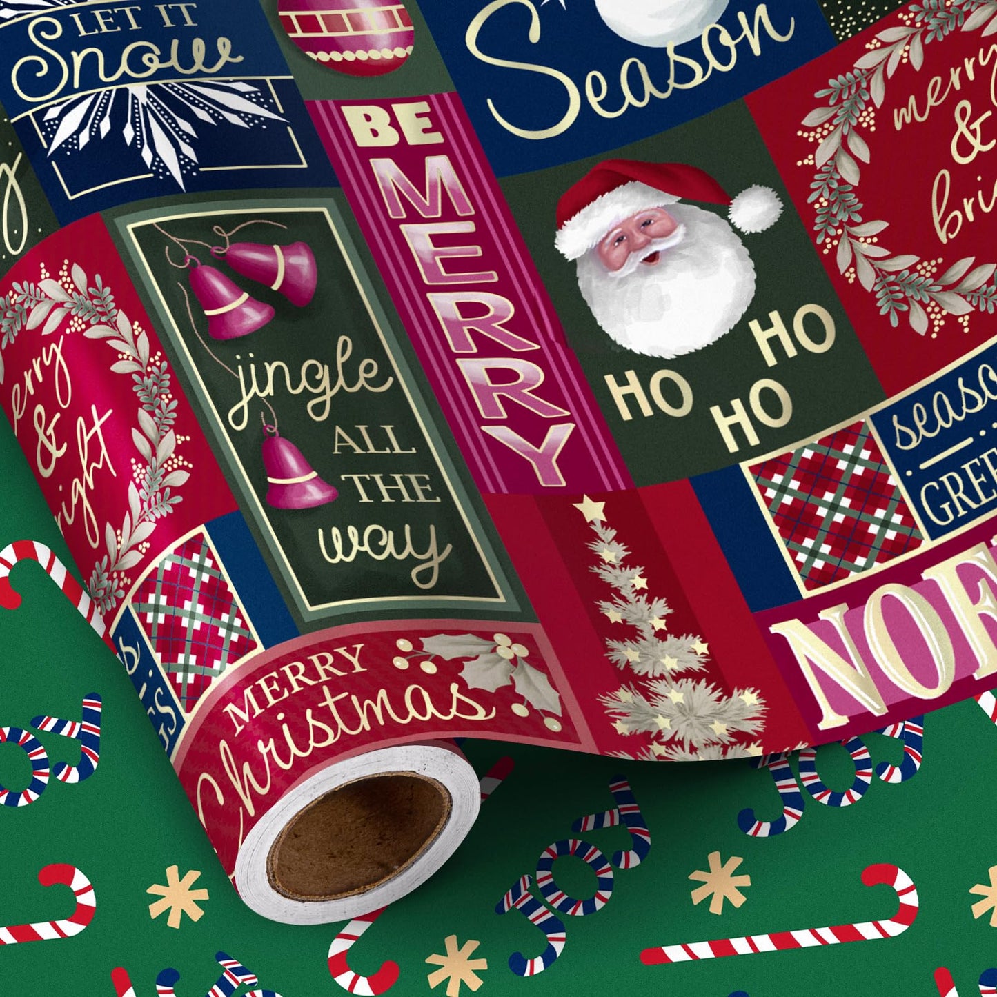 Reversible Wrapping Paper Roll - Mini Roll - Christmas Santa Claus, Snowman and Candy Cane Pattern Great for Christmas, Party, Holiday - 17.5 Inches X 32.8 Feet