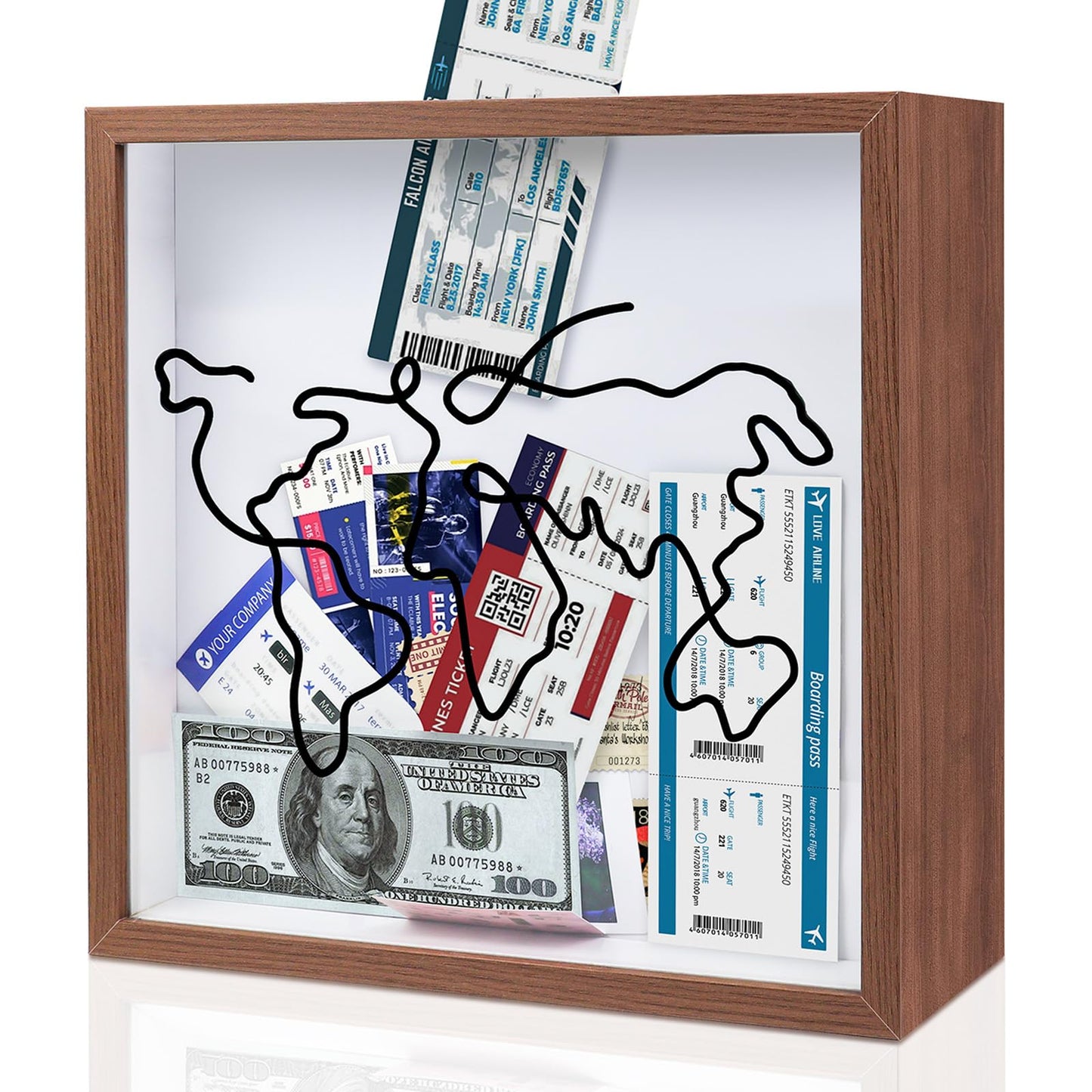 Adventure Archive Box 12x12inch Gifts for Dad Father From Wife/Daughter/Son, Wooden Travel Shadow Box with Slot, Loading Tickets Display Case Memories Travel Box Frame for Keepsake, Dark Brown