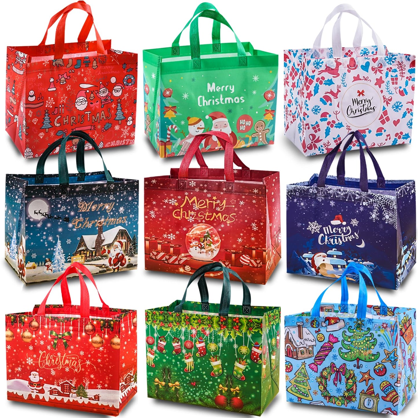 9Pcs Christmas Gift Bags, Christmas Tote Bags with Handles, Reusable Non-Woven Shopping Bags for Xmas Gifts Wrapping Holiday Party Supplies, 12.8"×9.8"×6.7"