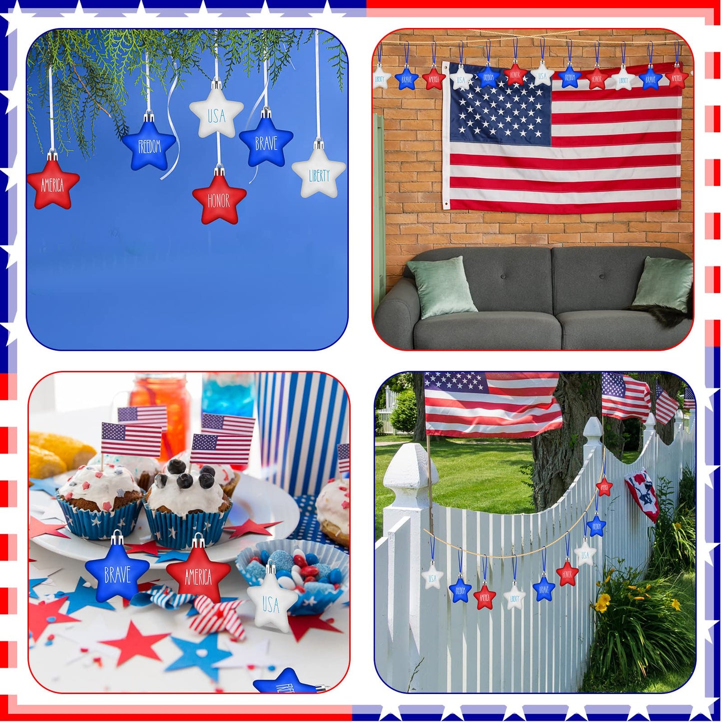 Honoson 24 Pcs 4th of July Star Ornaments Patriotic Tree Decorations Star Independence Day Hanging Ornament Red Blue White 250th Anniversary for Party Tree Decor