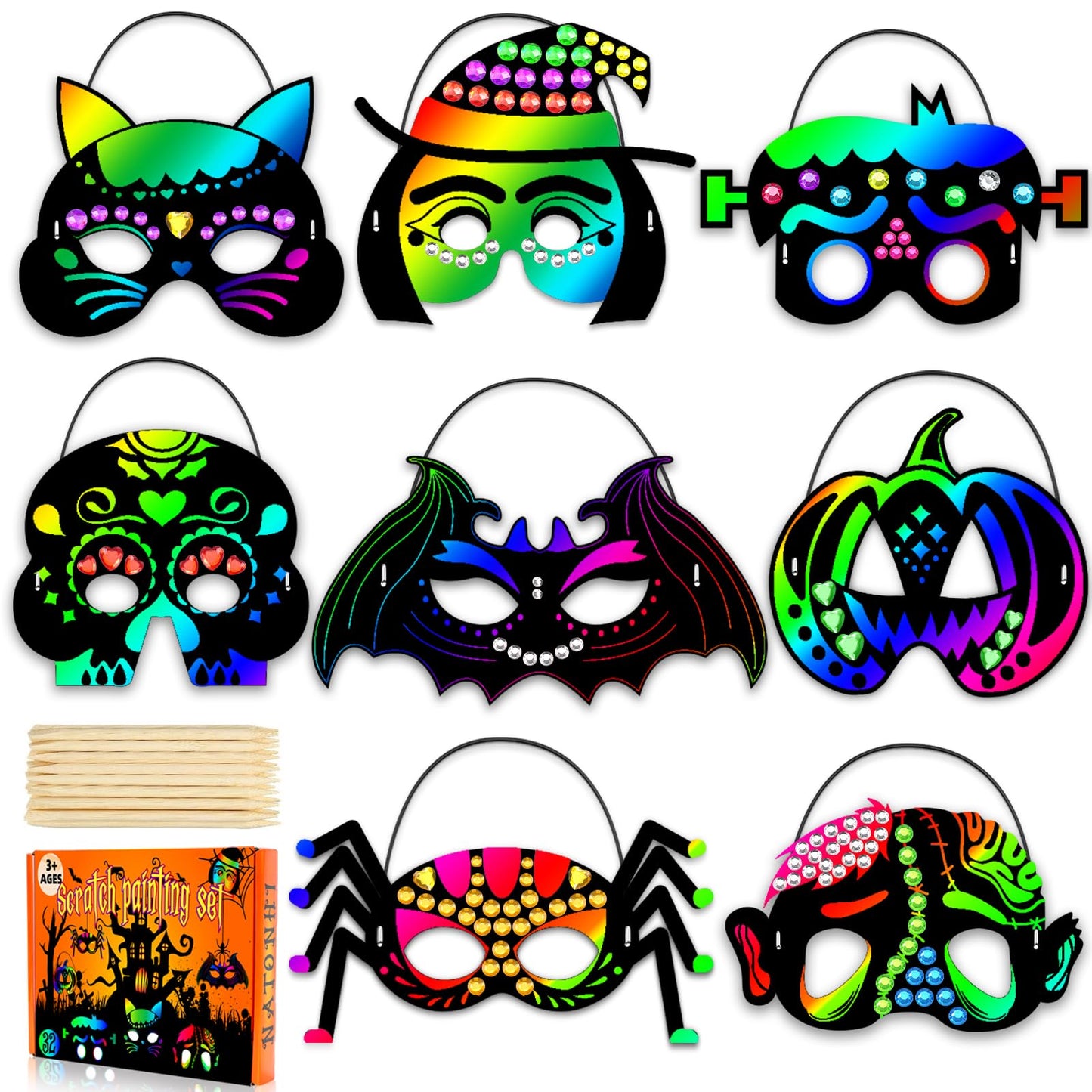 Natonhi 32Pcs Halloween Crafts for Kids Rainbow Scratch Mask, Halloween Games Scratch Art and Craft Kit Classroom Activities Favors Party Supplies