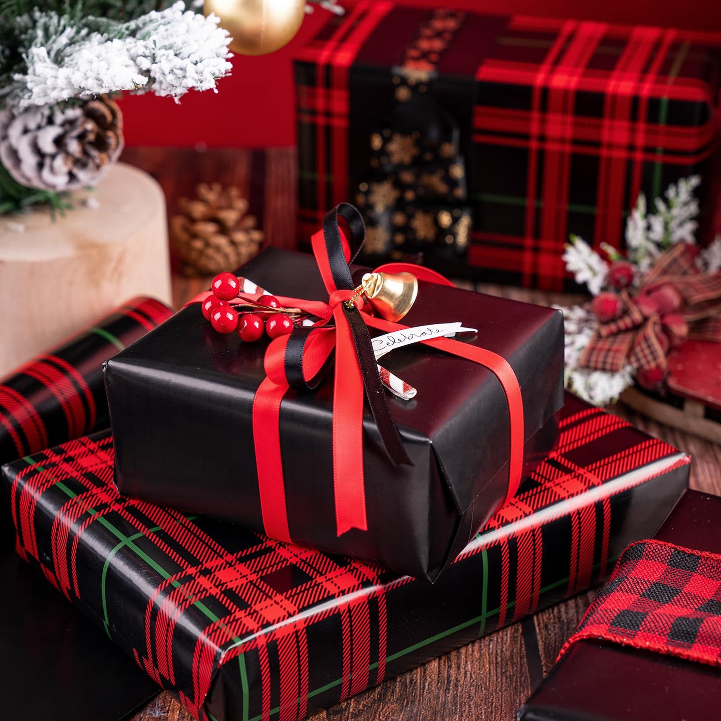 Reversible Plaid Wrapping Paper - Mini Roll - 17 Inch x 33 Feet - Red and Black Plaid Christmas Wrapping Paper for Christmas, Birthday, Baby Shower, Holiday