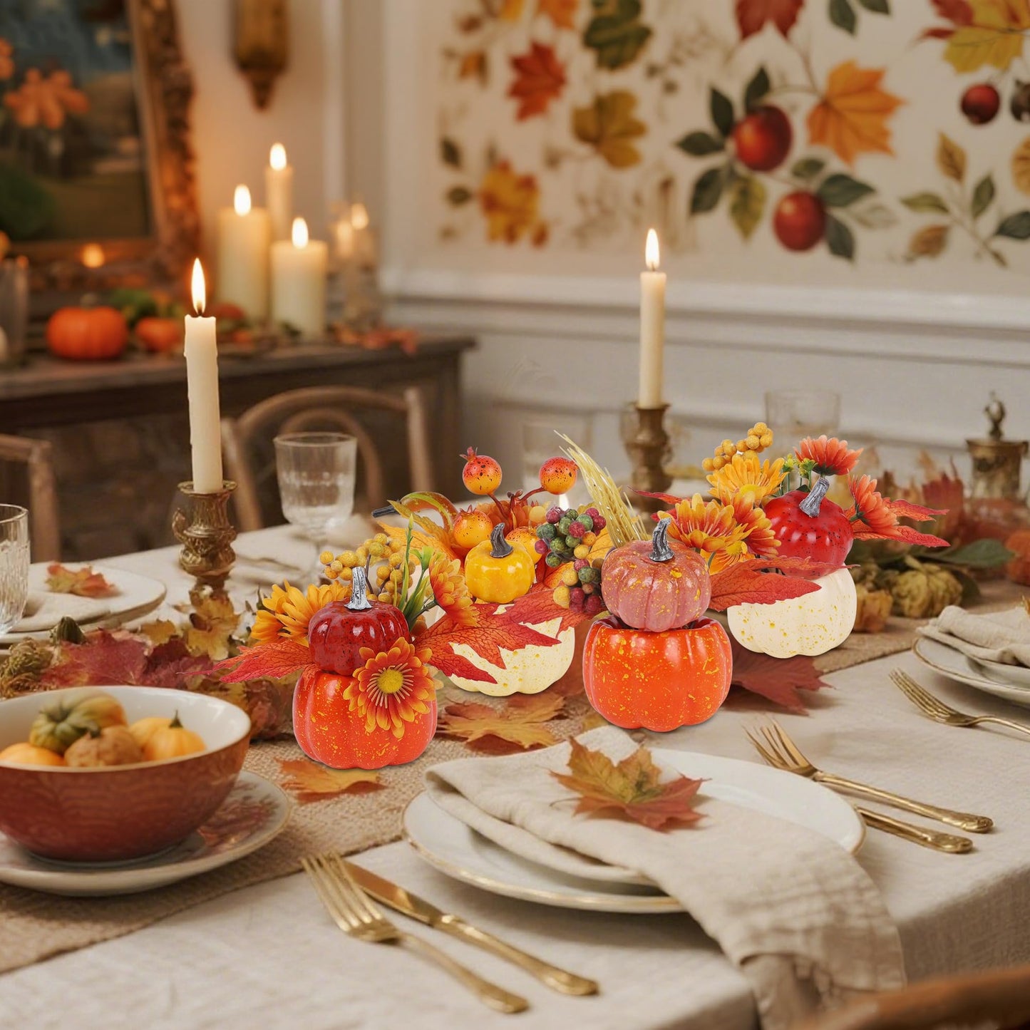 Fall Decorations for Home - Set of 6 Artificial Pumpkins with Maple & Flowers, Thanksgiving Table Decor, Pumpkin Vases Centerpiece for Kitchen Office Indoor
