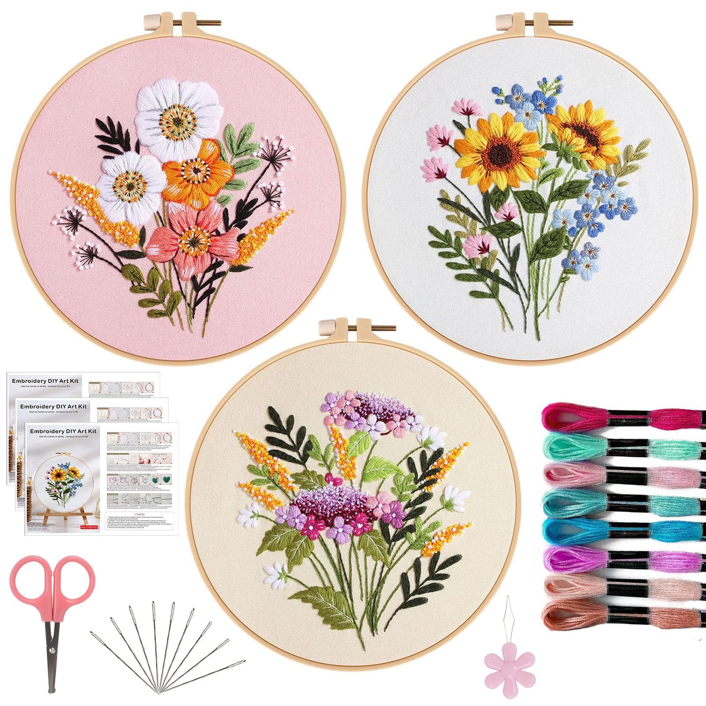 3 PCS Embroidery Kit for Beginners - Cross Stitch DIY Craft Set, Flower Embroidery Accessories & Hoop Included, Hand Embroidery Kit for Adults Stitching Sewing Kit Gift | FlowerB Patterns