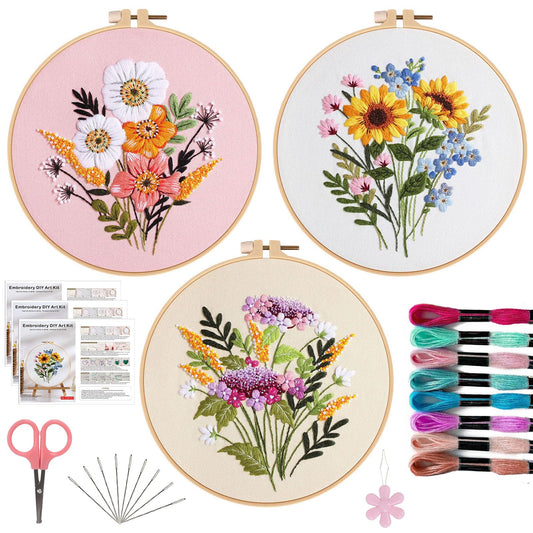 3 PCS Embroidery Kit for Beginners - Cross Stitch DIY Craft Set, Flower Embroidery Accessories & Hoop Included, Hand Embroidery Kit for Adults Stitching Sewing Kit Gift | FlowerB Patterns