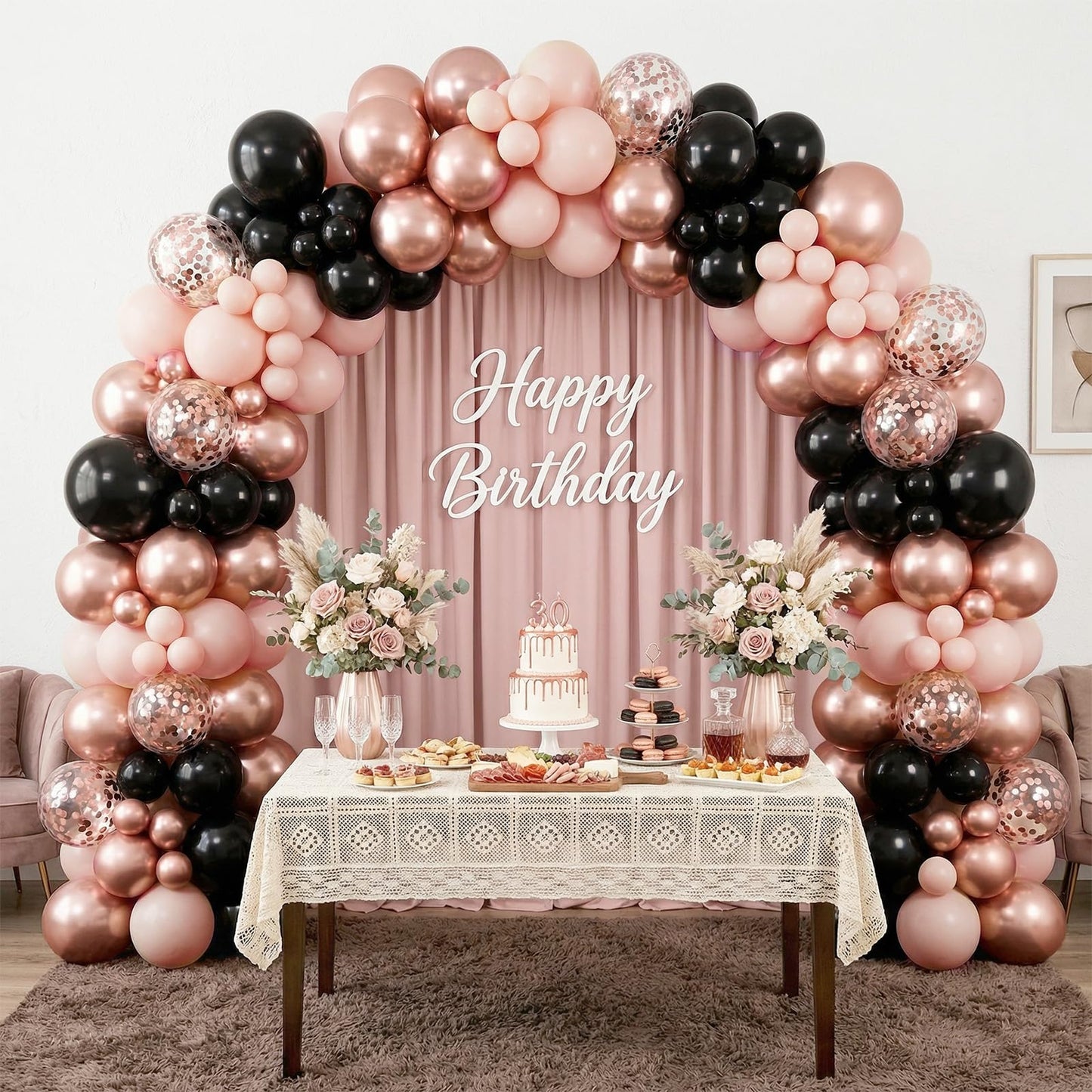 HILAVO Rose Gold and Black Balloons, 12Inch Metallic Rose Gold and Confetti Latex Balloons for Girls Women Birthday Graduation Baby Bridal Shower Party Decorations