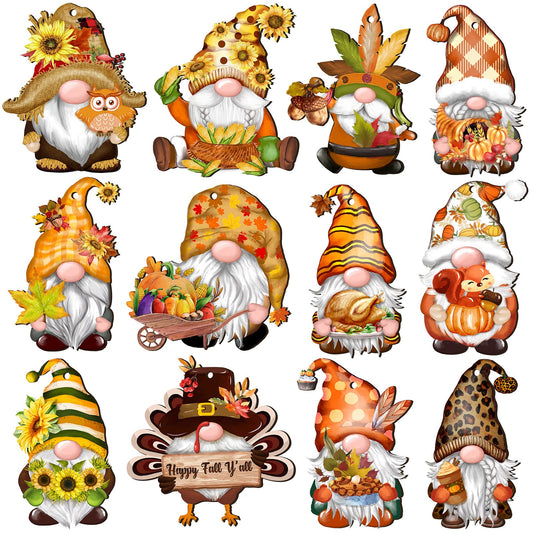 Fall Thanksgiving Gnomes Wooden Hanging Ornaments, Autumn Wood Hanging Pendant Decoration for Fall Tree Wooden Tags Slices Cutouts for Classroom Home Decor Holiday Party Supplies