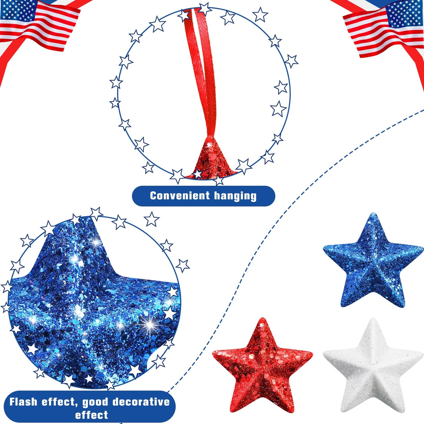 Sratte 12 Pcs 4th of July Tree Decorations Red White Blue Star Ornaments Patriotic Hanging Star Shaped Ornaments for Independence Day 250th Anniversary Holiday Party Supplies (Stylish Style)