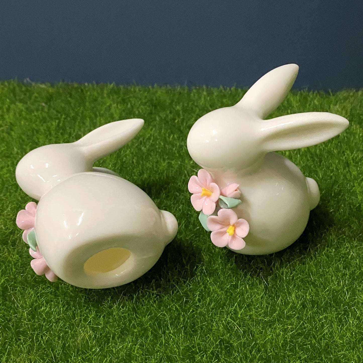 Basuo-9Q Set of Mini Ceramic Rabbit Figurines, Porcelain Easter Bunny Decorations for Home, Tabletop Ornament, Tea Ceremony Pet (2-Flower)