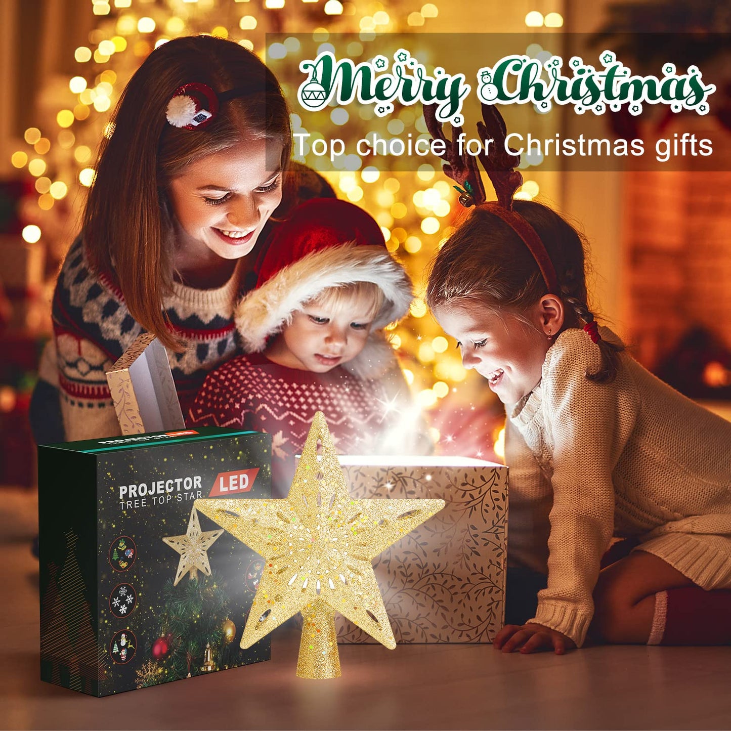 Kesfitt Christmas Tree Topper Golden Lighted with 6 Projection Modes,Christmas Tree Star Built-in LED Rotating Lights, 3D Glitter Dynamic Projection for Xmas Party Holiday Decorations