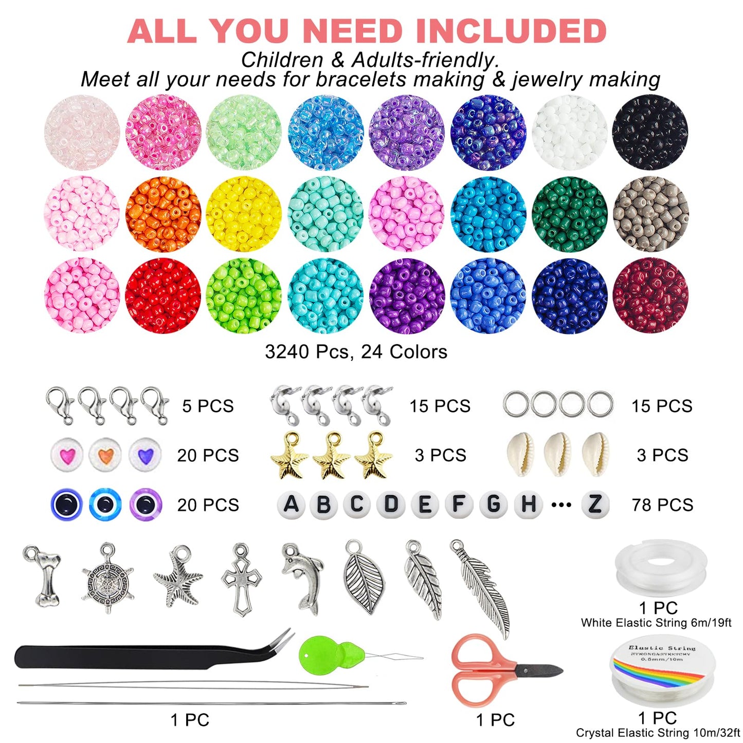Redtwo 3400pcs 4mm Glass Seed Beads for Jewelry Bracelet Making Kit, Small Beads Friendship Bracelet Kit, Tiny Waist Beads Kit with Letter Beads and Elastic String, DIY Art Craft Girls Gifts.